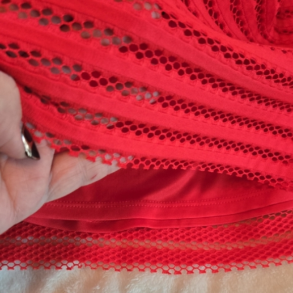 Express Bright Red Mini A-Line Skirt Pleated Mesh W/ Lining Dior Twinsie Sz 00 - Picture 8 of 11
